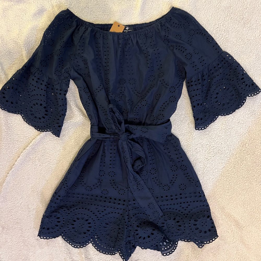 Sperry romper, new w/ tags, navy blue, lined, bell sleeves, scalloped edge